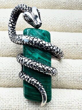 Huge Green Malachite Gemstone Sterling Silver Snake Ring Size 9 Weight 35 Grams